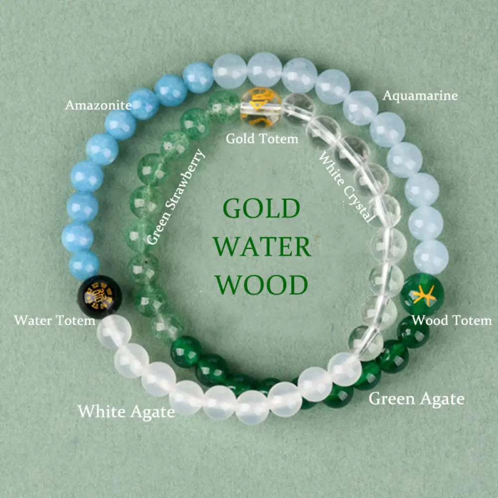 BWOOOH Five Elements Various Crystal Agate Strawberry Quartz Wisdom Bracelet - BWOOOH - Gold Water Wood(Wrist