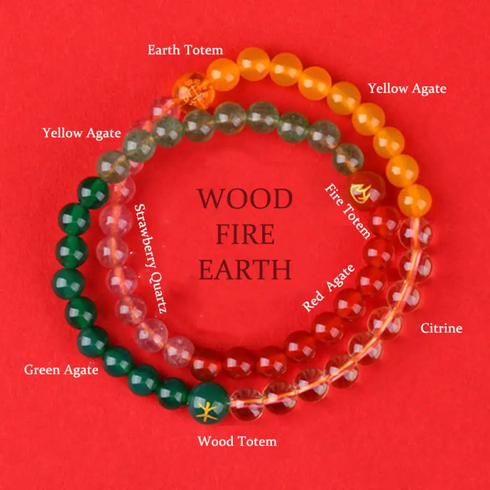 Buddha Stones Five Elements Various Crystal Agate Strawberry Quartz Wisdom Bracelet - BWOOOH - Wood Fire Earth(Wrist