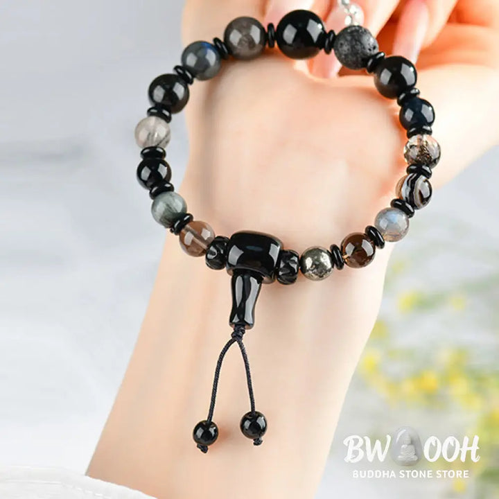 Buddha Stones Five Elements Various Crystal Black Obsidian Wealth Wisdom Bracelet - BWOOOH - Bracelet