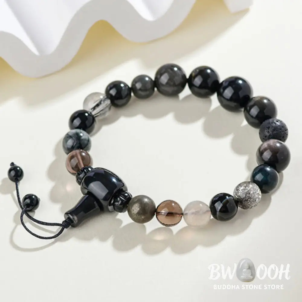Buddha Stones Five Elements Various Crystal Black Obsidian Wealth Wisdom Bracelet - BWOOOH - Bracelet
