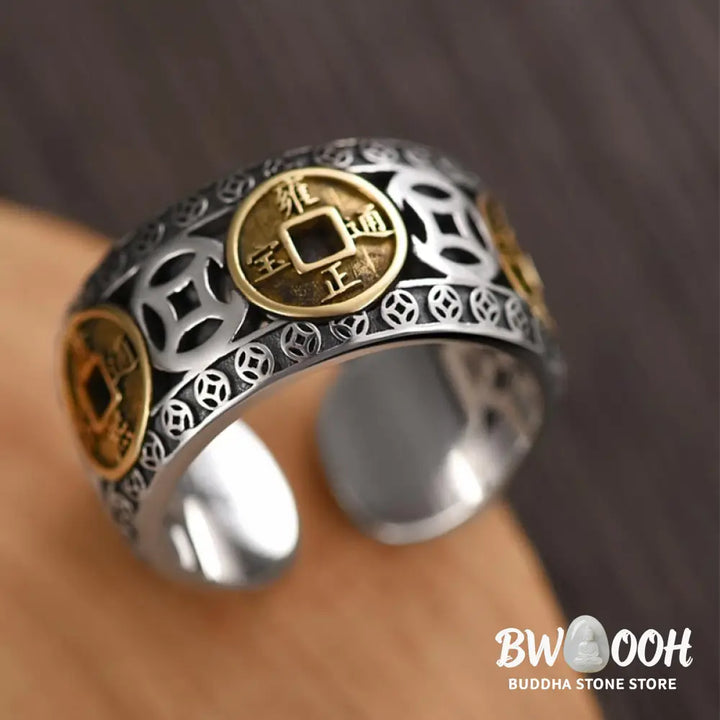 Buddha Stones Five-Emperor Coins Balance Adjustable Ring - BWOOOH - Rings