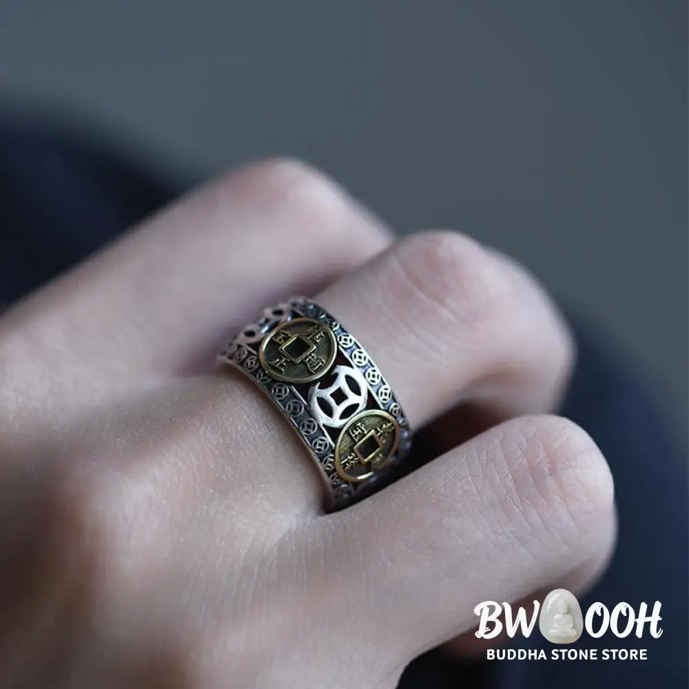 Buddha Stones Five-Emperor Coins Balance Adjustable Ring - BWOOOH - Rings
