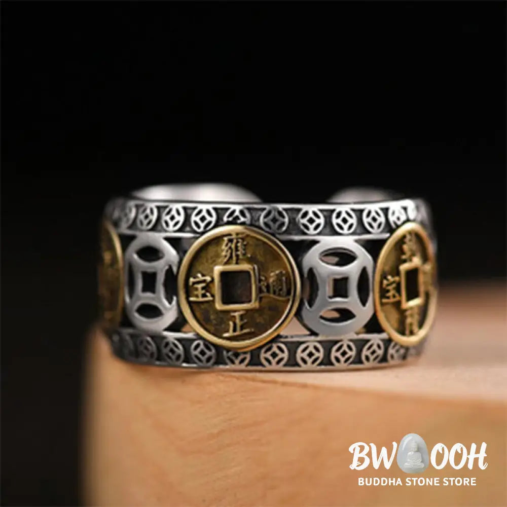 Buddha Stones Five-Emperor Coins Balance Adjustable Ring - BWOOOH - Rings