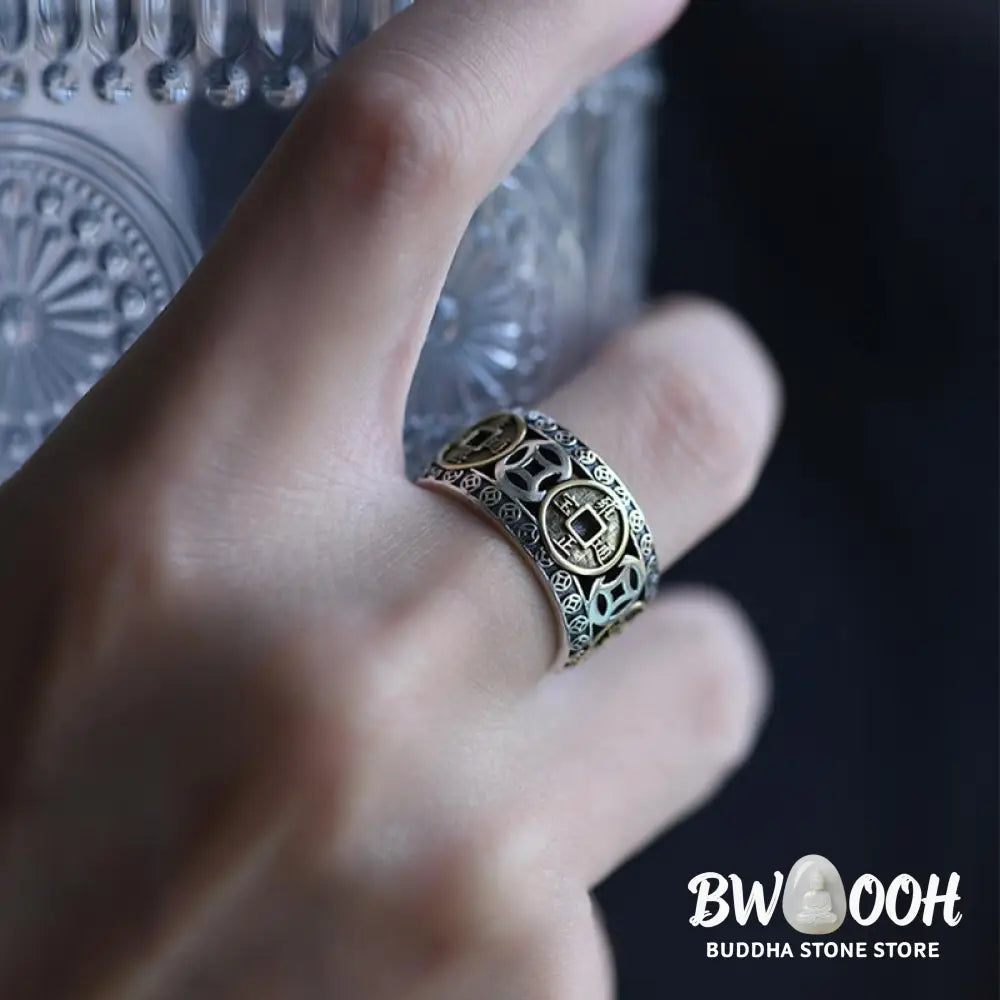 Buddha Stones Five-Emperor Coins Balance Adjustable Ring - BWOOOH - Rings