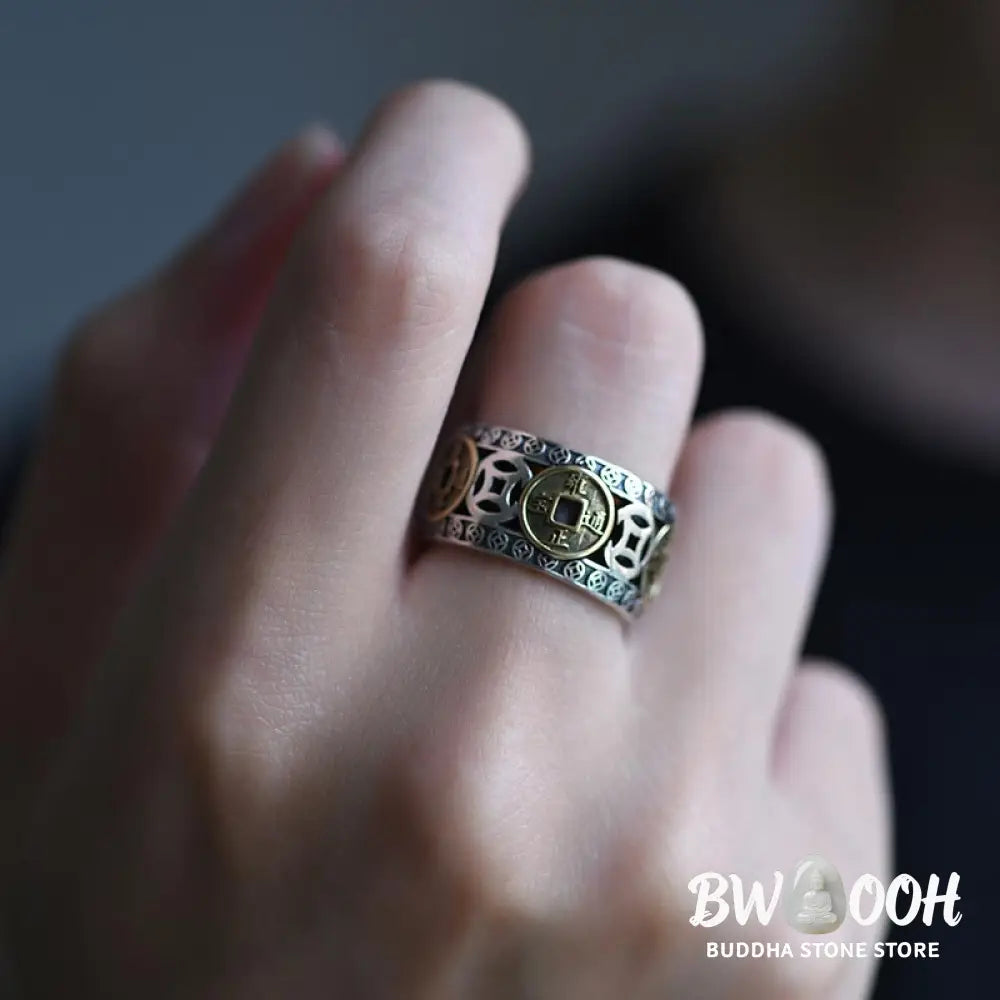 Buddha Stones Five-Emperor Coins Balance Adjustable Ring - BWOOOH - Rings