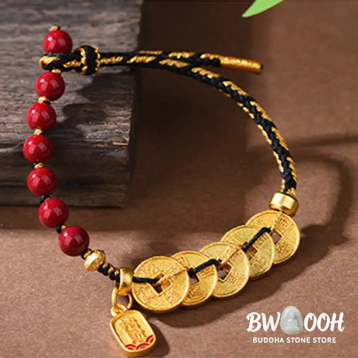 Buddha Stones Five-Emperor Coins Copper Amethyst Cinnabar Black Red String Balance Attract Fortune Bracelet - Bracelet