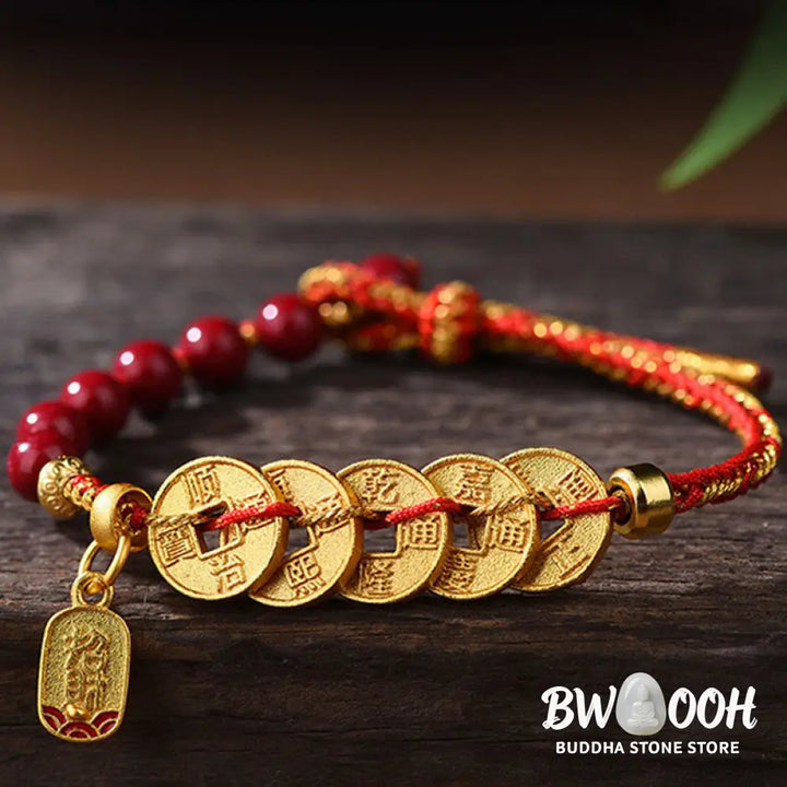 Buddha Stones Five-Emperor Coins Copper Amethyst Cinnabar Black Red String Balance Attract Fortune Bracelet - Bracelet