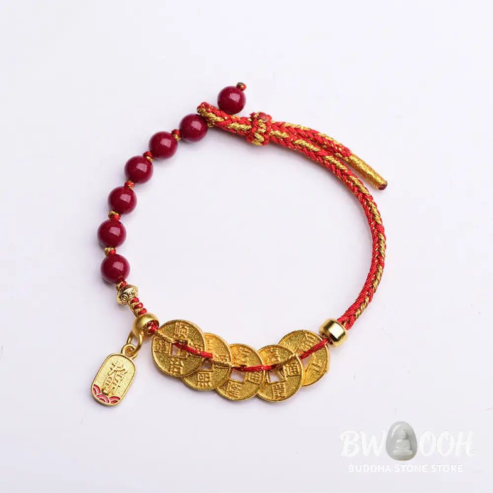 Buddha Stones Five-Emperor Coins Copper Amethyst Cinnabar Black Red String Balance Attract Fortune Bracelet - Bracelet