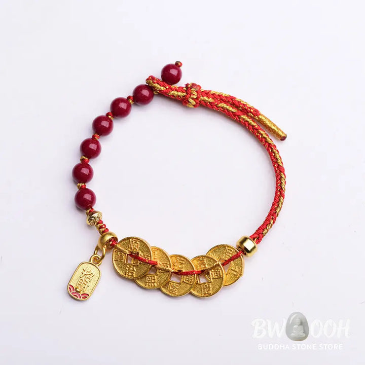 Buddha Stones Five-Emperor Coins Copper Amethyst Cinnabar Black Red String Balance Attract Fortune Bracelet - Bracelet