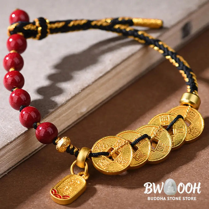 Buddha Stones Five-Emperor Coins Copper Amethyst Cinnabar Black Red String Balance Attract Fortune Bracelet - Bracelet