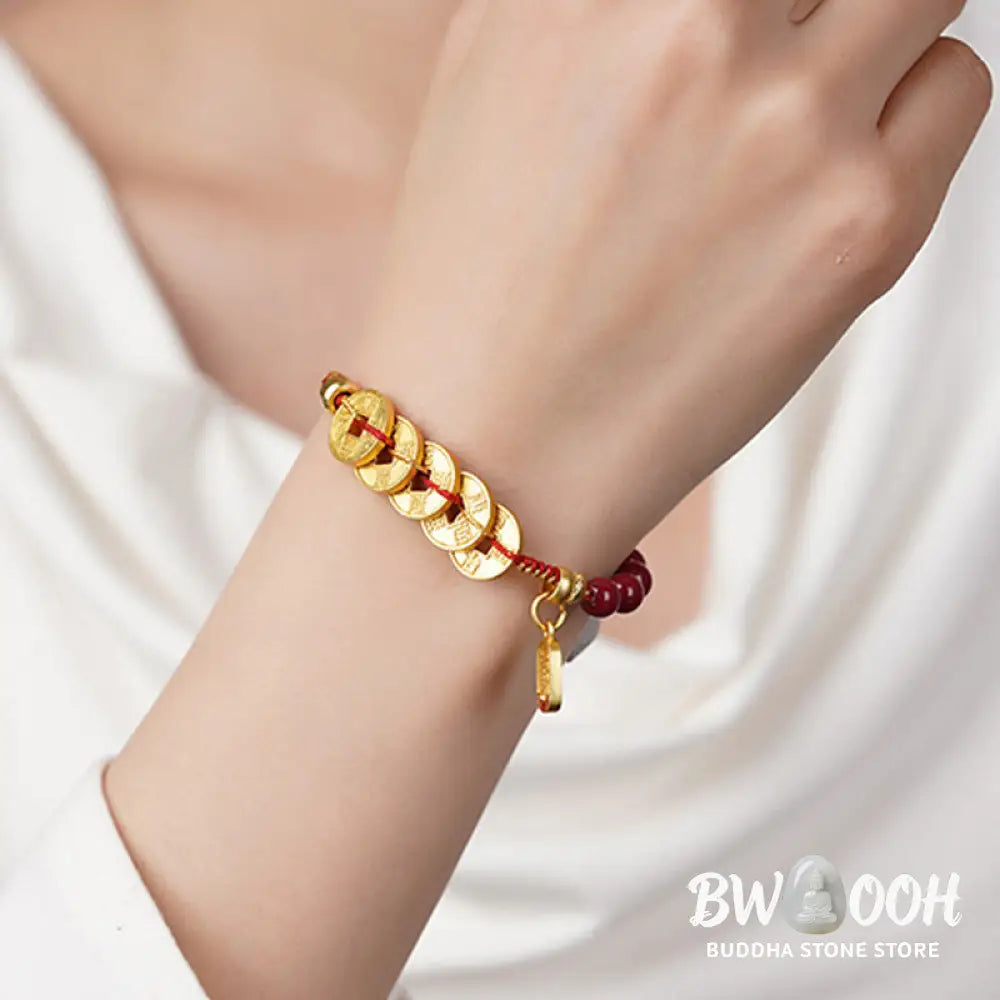 Buddha Stones Five-Emperor Coins Copper Amethyst Cinnabar Black Red String Balance Attract Fortune Bracelet - Bracelet