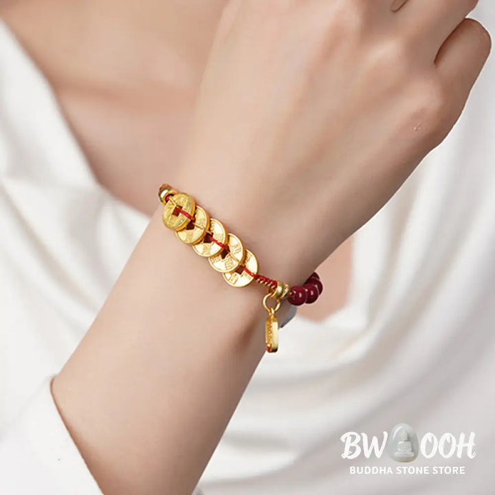 Buddha Stones Five-Emperor Coins Copper Amethyst Cinnabar Black Red String Balance Attract Fortune Bracelet - Bracelet