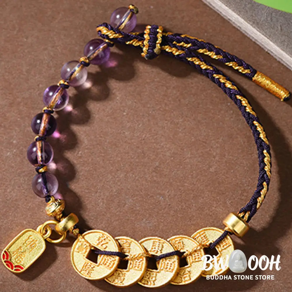 Buddha Stones Five-Emperor Coins Copper Amethyst Cinnabar Black Red String Balance Attract Fortune Bracelet - Bracelet