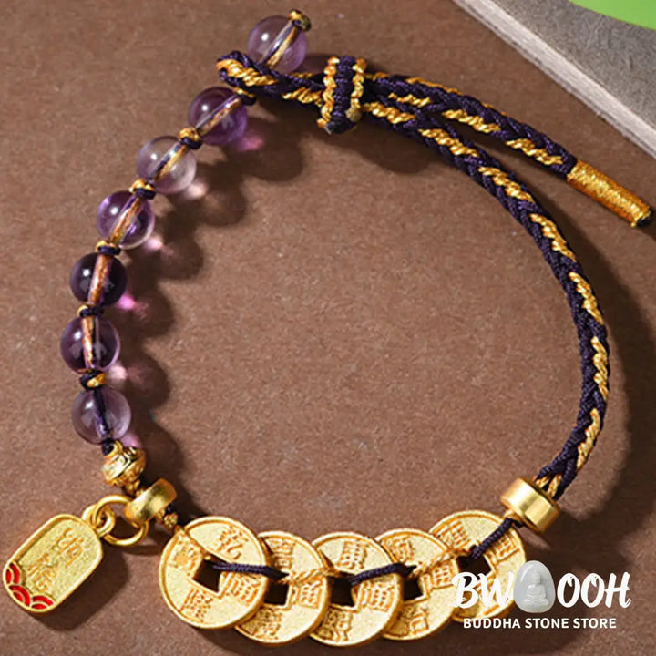 Buddha Stones Five-Emperor Coins Copper Amethyst Cinnabar Black Red String Balance Attract Fortune Bracelet - Bracelet