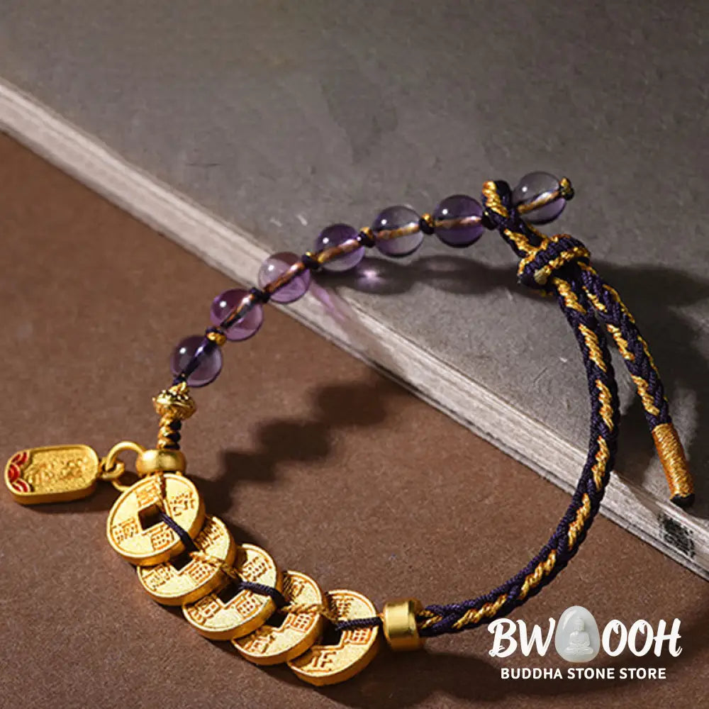 Buddha Stones Five-Emperor Coins Copper Amethyst Cinnabar Black Red String Balance Attract Fortune Bracelet - Bracelet