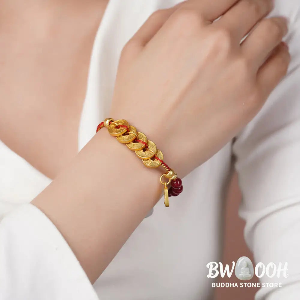 Buddha Stones Five-Emperor Coins Copper Amethyst Cinnabar Black Red String Balance Attract Fortune Bracelet - Bracelet
