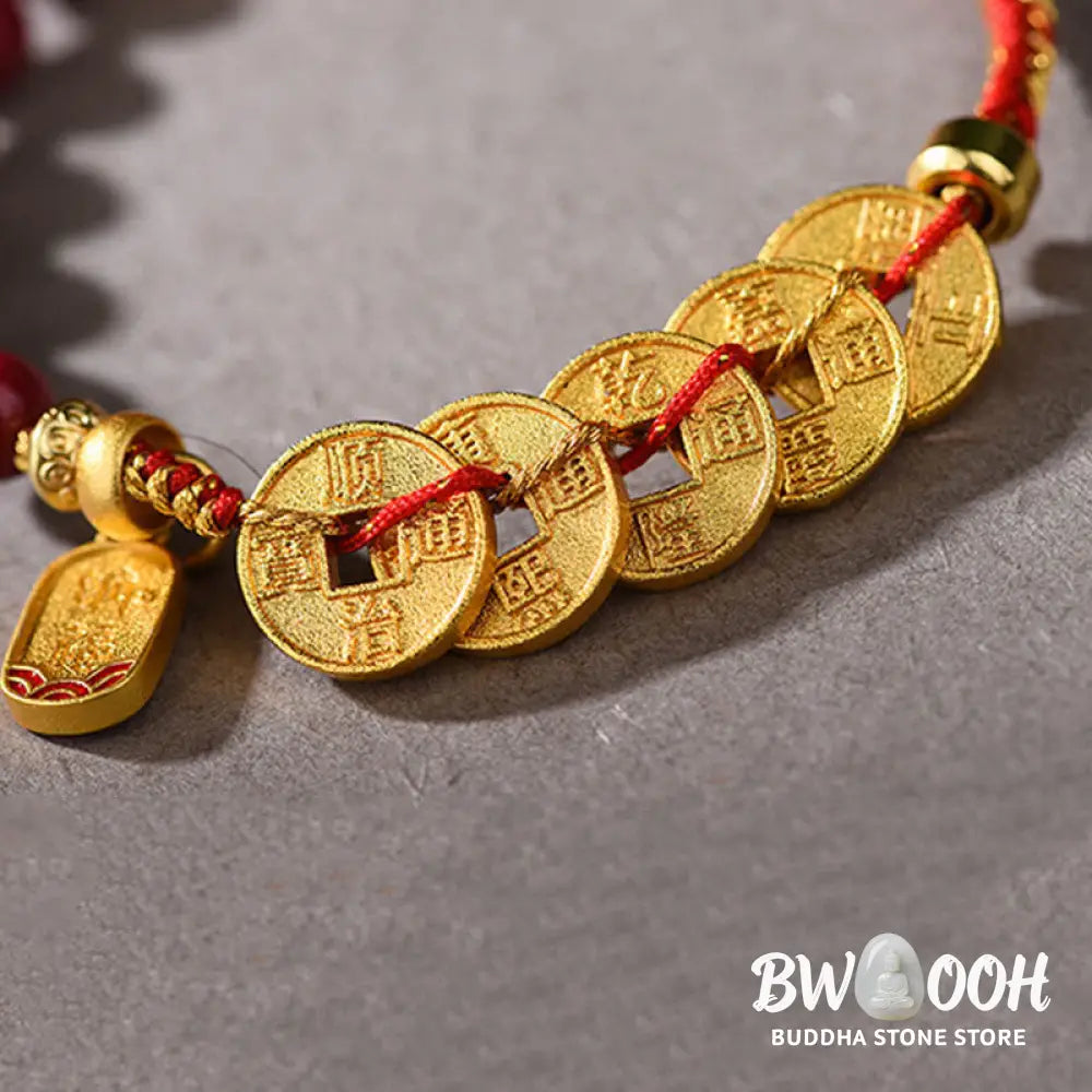 Buddha Stones Five-Emperor Coins Copper Amethyst Cinnabar Black Red String Balance Attract Fortune Bracelet - Bracelet