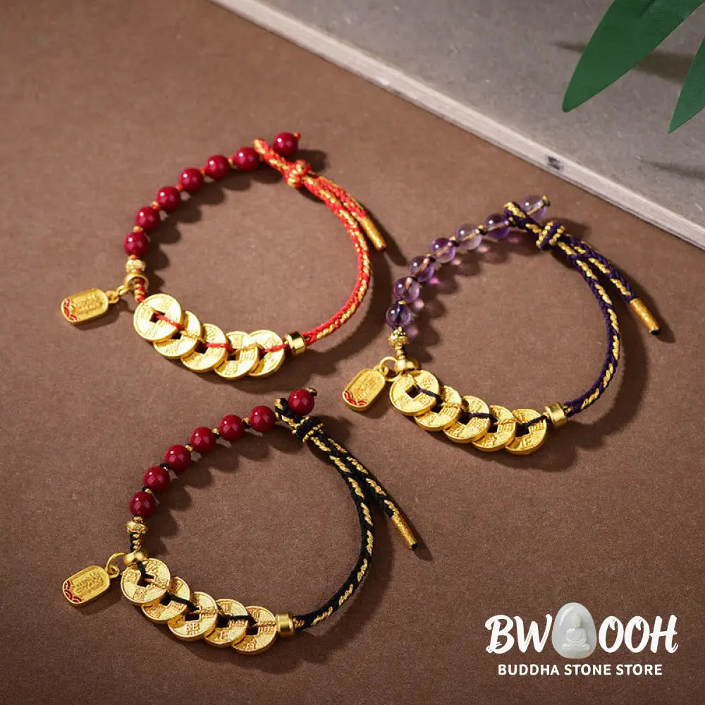 Buddha Stones Five-Emperor Coins Copper Amethyst Cinnabar Black Red String Balance Attract Fortune Bracelet - Bracelet
