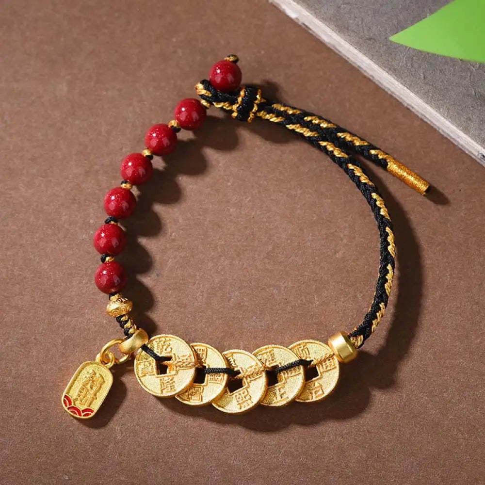Buddha Stones Five-Emperor Coins Copper Amethyst Cinnabar Black Red String Balance Attract Fortune Bracelet - Copper