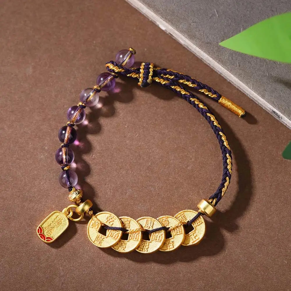 Buddha Stones Five-Emperor Coins Copper Amethyst Cinnabar Black Red String Balance Attract Fortune Bracelet - Copper