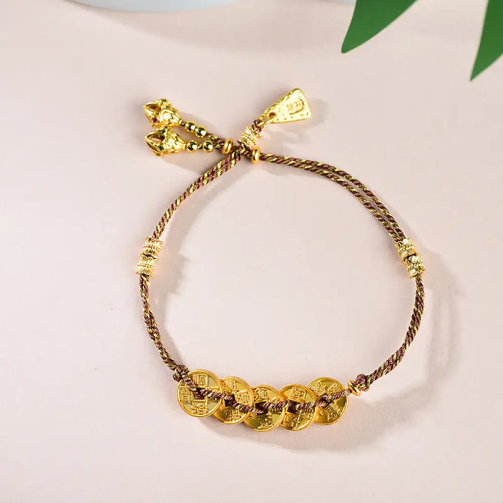 Buddha Stones Five-Emperor Coins Copper Balance Hand-Woven String Bracelet - Brown Five Emperors Coins(Wrist