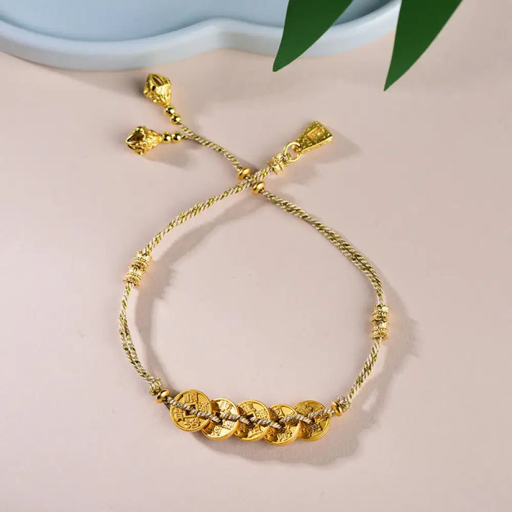 Buddha Stones Five-Emperor Coins Copper Balance Hand-Woven String Bracelet - Golden Five Emperors Coins(Wrist