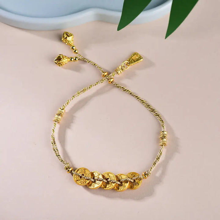Buddha Stones Five-Emperor Coins Copper Balance Hand-Woven String Bracelet - Golden Five Emperors Coins(Wrist