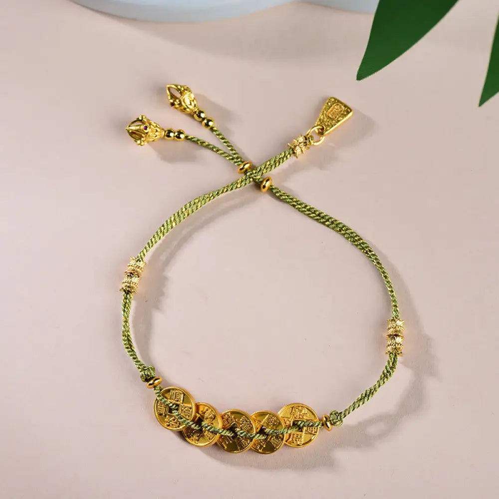 Buddha Stones Five-Emperor Coins Copper Balance Hand-Woven String Bracelet - Green Five Emperors Coins(Wrist