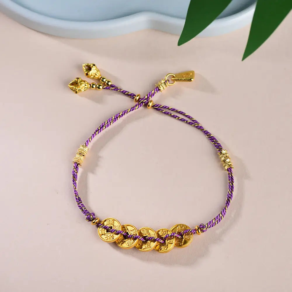 Buddha Stones Five-Emperor Coins Copper Balance Hand-Woven String Bracelet - Purple Five Emperors Coins(Wrist