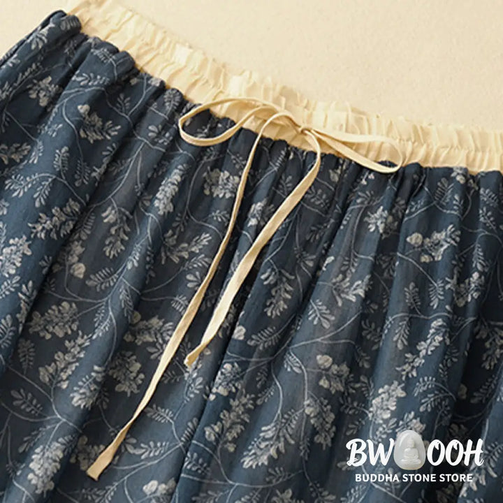 Buddha Stones Floral A-line Elastic Waist Cotton Linen Women’s Skirt With Pockets - Skirt