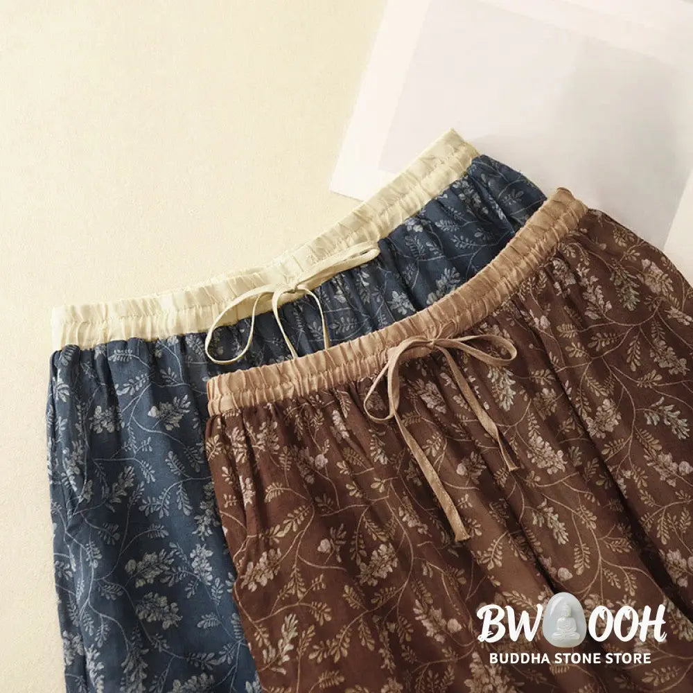 Buddha Stones Floral A-line Elastic Waist Cotton Linen Women’s Skirt With Pockets - Skirt