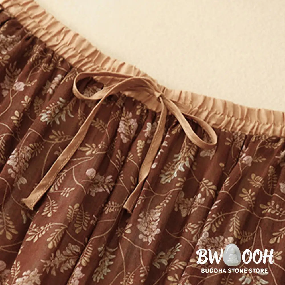 Buddha Stones Floral A-line Elastic Waist Cotton Linen Women’s Skirt With Pockets - Skirt