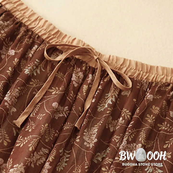 Buddha Stones Floral A-line Elastic Waist Cotton Linen Women’s Skirt With Pockets - Skirt