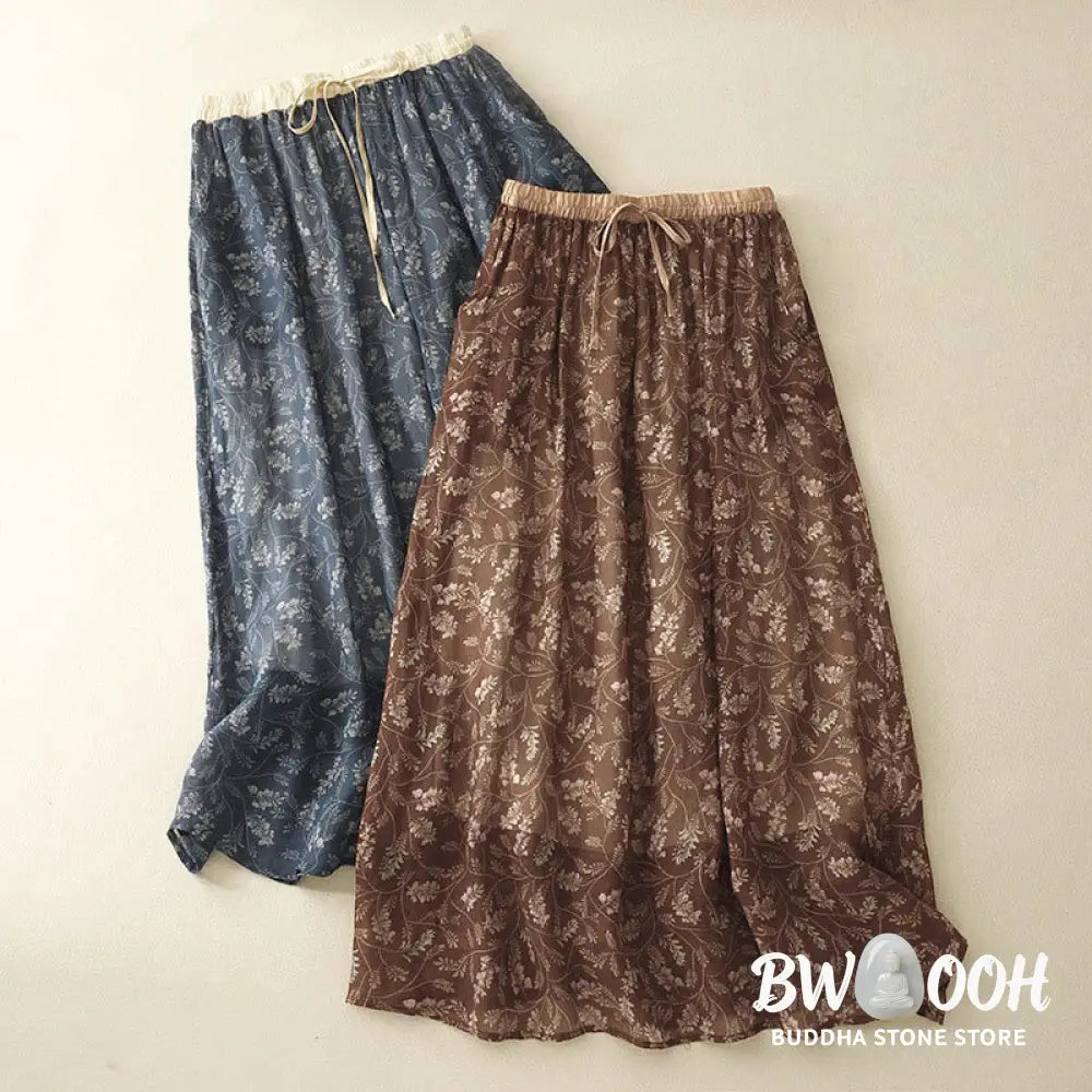 Buddha Stones Floral A-line Elastic Waist Cotton Linen Women’s Skirt With Pockets - Skirt