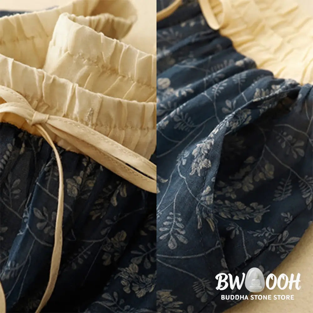 Buddha Stones Floral A-line Elastic Waist Cotton Linen Women’s Skirt With Pockets - Skirt