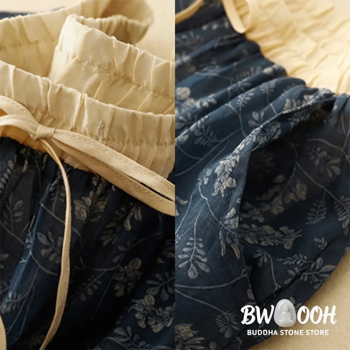 Buddha Stones Floral A-line Elastic Waist Cotton Linen Women’s Skirt With Pockets - Skirt