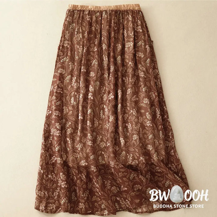 Buddha Stones Floral A-line Elastic Waist Cotton Linen Women’s Skirt With Pockets - Skirt