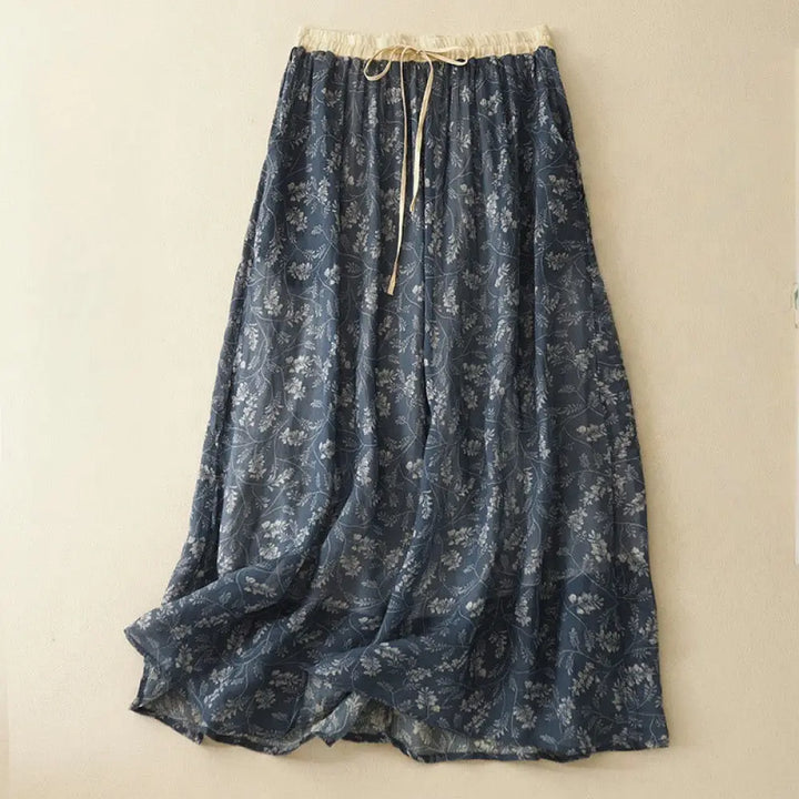 Buddha Stones Floral A-line Elastic Waist Cotton Linen Women’s Skirt With Pockets - SteelBlue / US4，UK/AU8，EU36 (L)