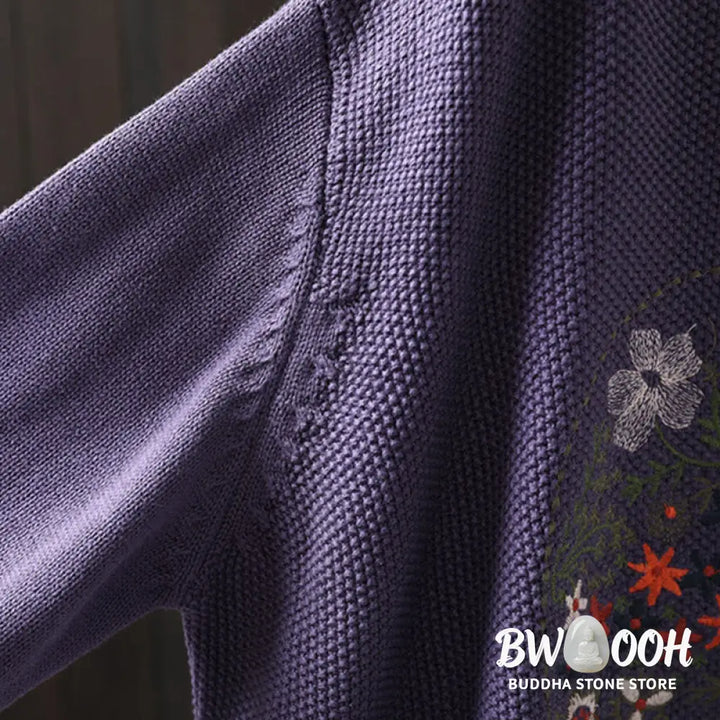 Buddha Stones Floral Embroidery Buttons Cotton Women’s Long Sleeve Knitted Cardigan Sweater - Women’s Cardigan