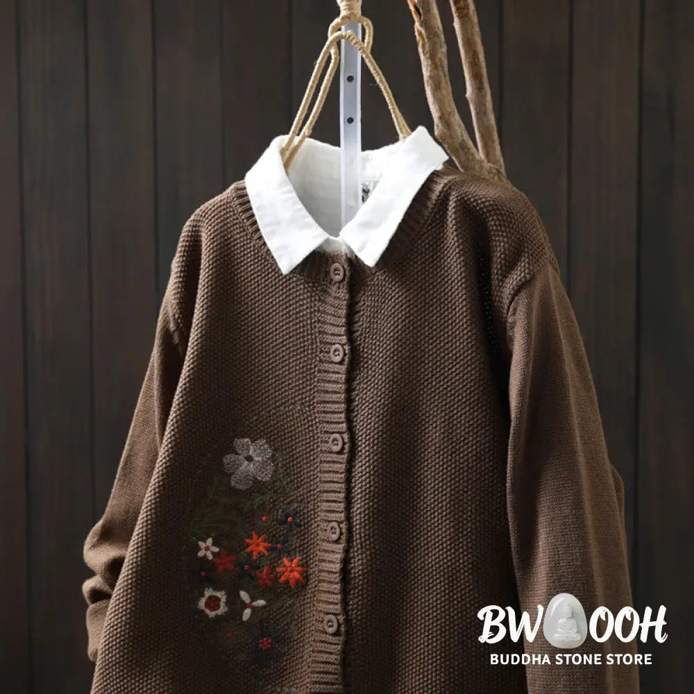 Buddha Stones Floral Embroidery Buttons Cotton Women’s Long Sleeve Knitted Cardigan Sweater - Women’s Cardigan