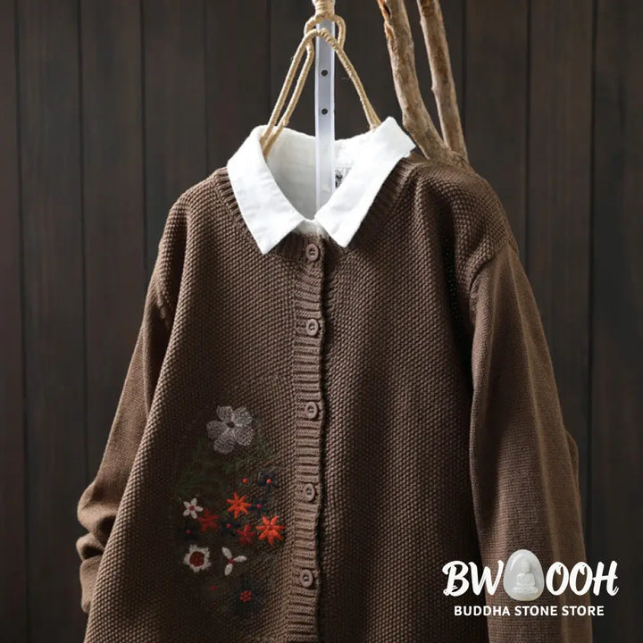 Buddha Stones Floral Embroidery Buttons Cotton Women’s Long Sleeve Knitted Cardigan Sweater - Women’s Cardigan