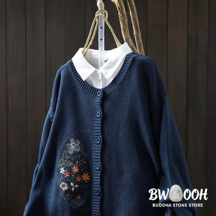 Buddha Stones Floral Embroidery Buttons Cotton Women’s Long Sleeve Knitted Cardigan Sweater - Women’s Cardigan