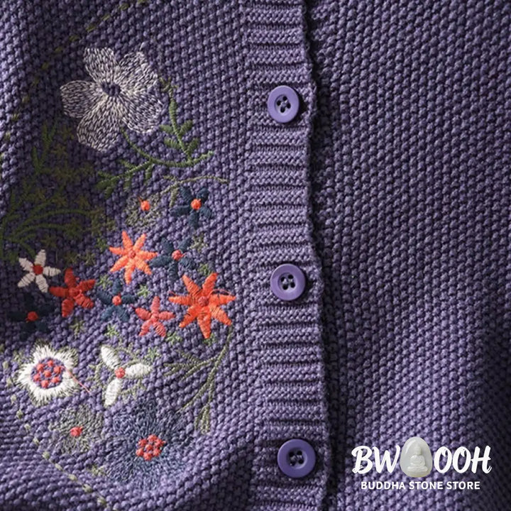 Buddha Stones Floral Embroidery Buttons Cotton Women’s Long Sleeve Knitted Cardigan Sweater - Women’s Cardigan