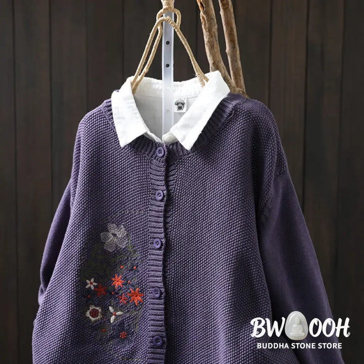Buddha Stones Floral Embroidery Buttons Cotton Women’s Long Sleeve Knitted Cardigan Sweater - Women’s Cardigan