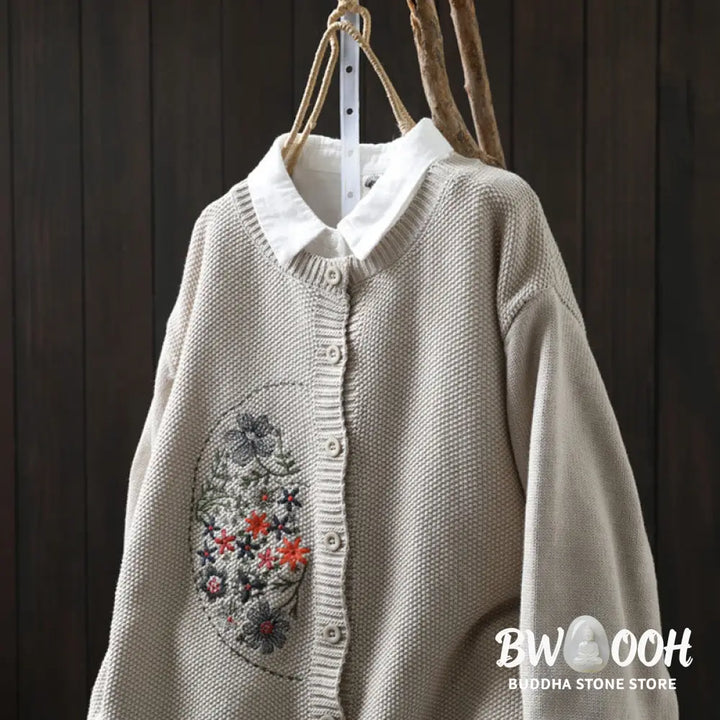 Buddha Stones Floral Embroidery Buttons Cotton Women’s Long Sleeve Knitted Cardigan Sweater - Women’s Cardigan