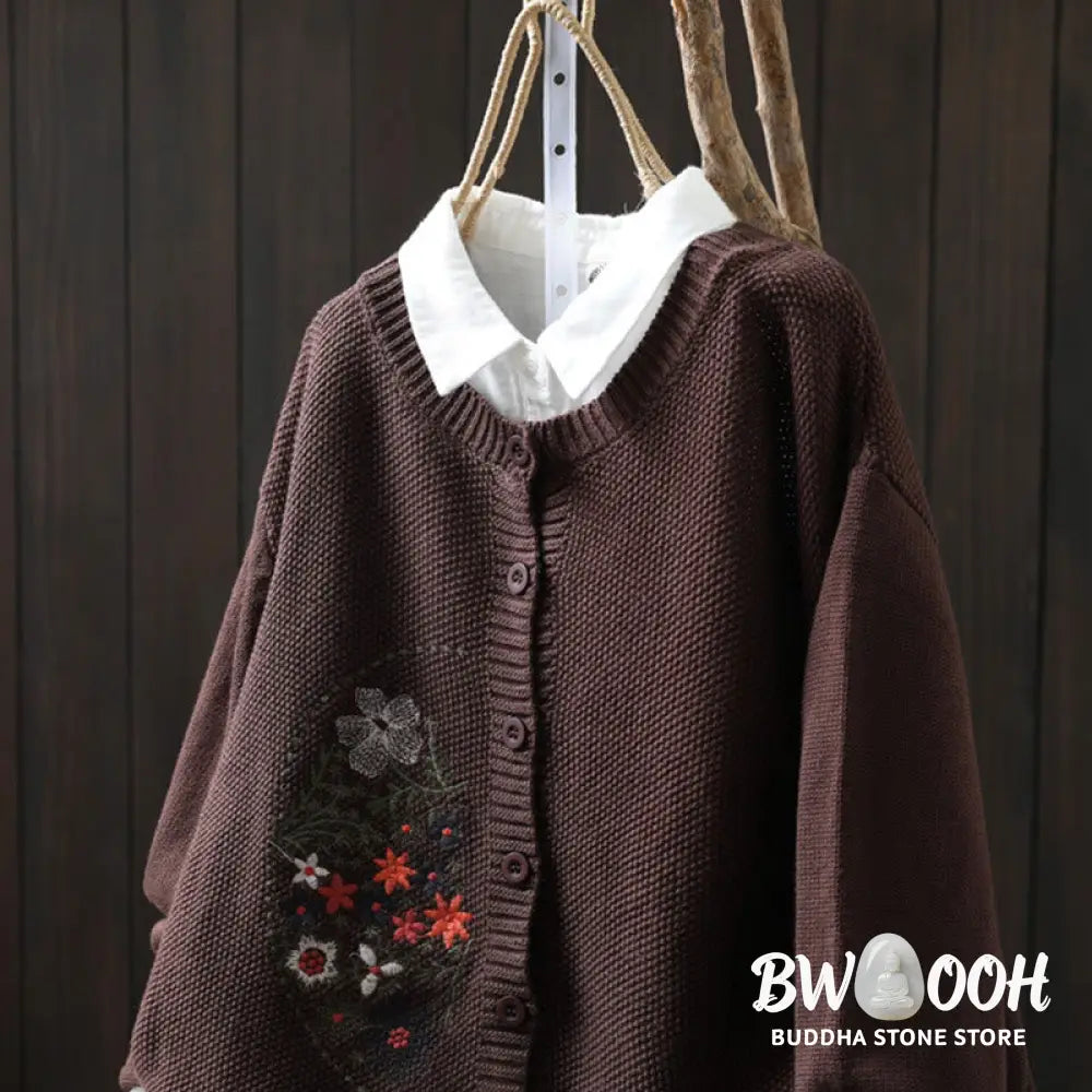 Buddha Stones Floral Embroidery Buttons Cotton Women’s Long Sleeve Knitted Cardigan Sweater - Women’s Cardigan