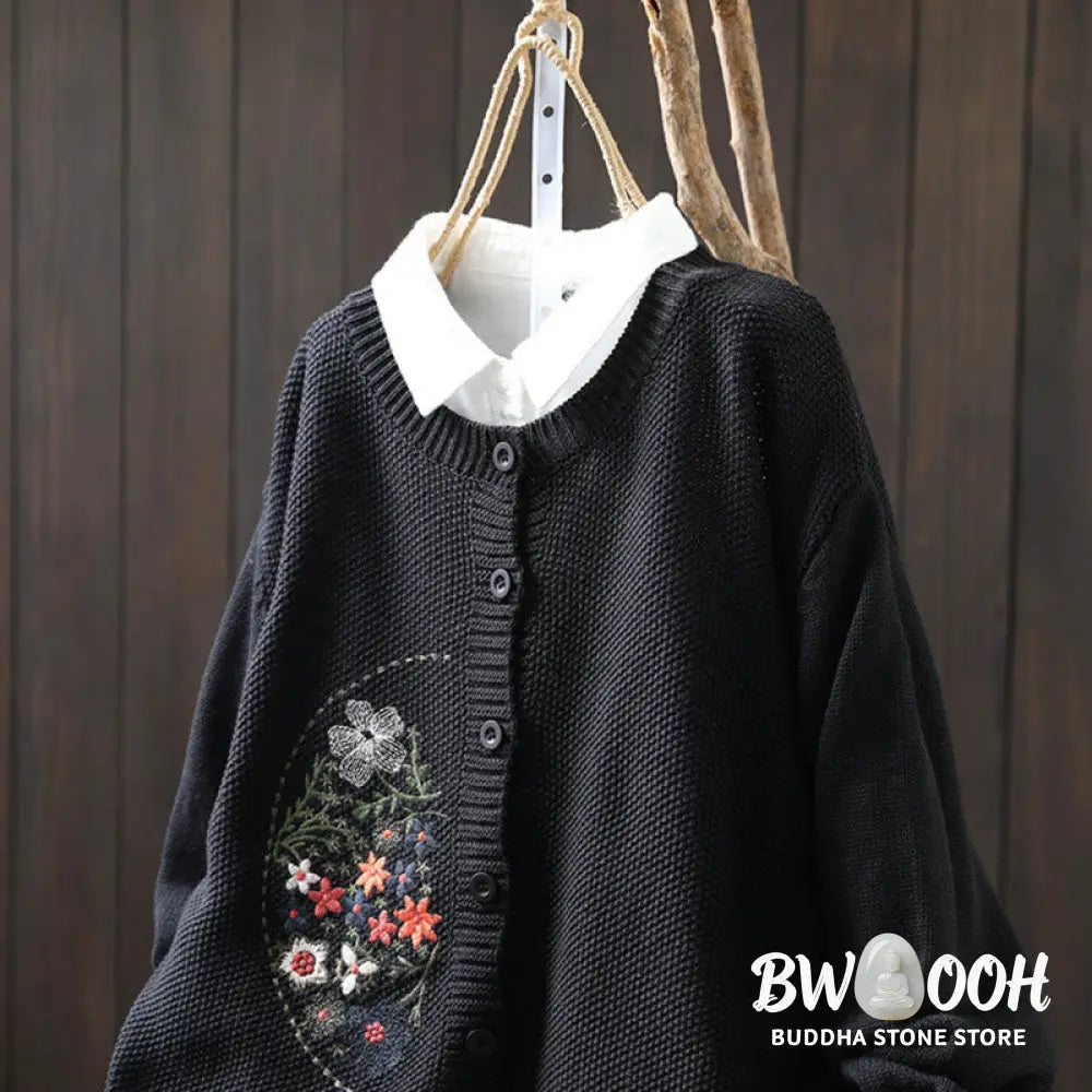 Buddha Stones Floral Embroidery Buttons Cotton Women’s Long Sleeve Knitted Cardigan Sweater - Women’s Cardigan