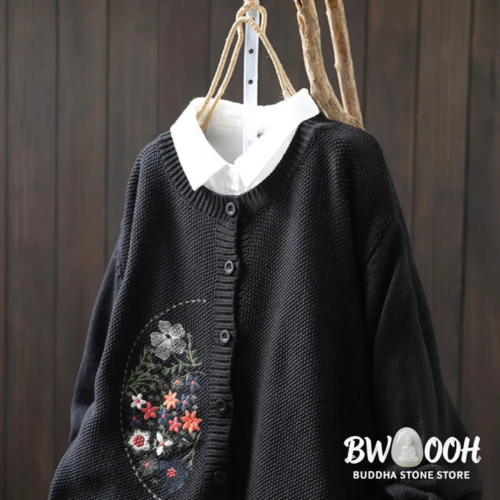 Buddha Stones Floral Embroidery Buttons Cotton Women’s Long Sleeve Knitted Cardigan Sweater - Women’s Cardigan