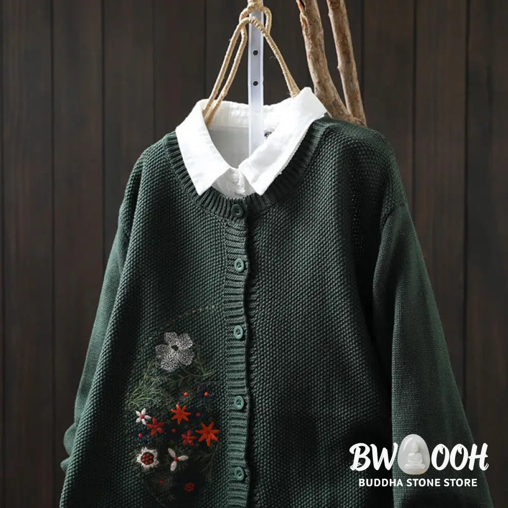 Buddha Stones Floral Embroidery Buttons Cotton Women’s Long Sleeve Knitted Cardigan Sweater - Women’s Cardigan