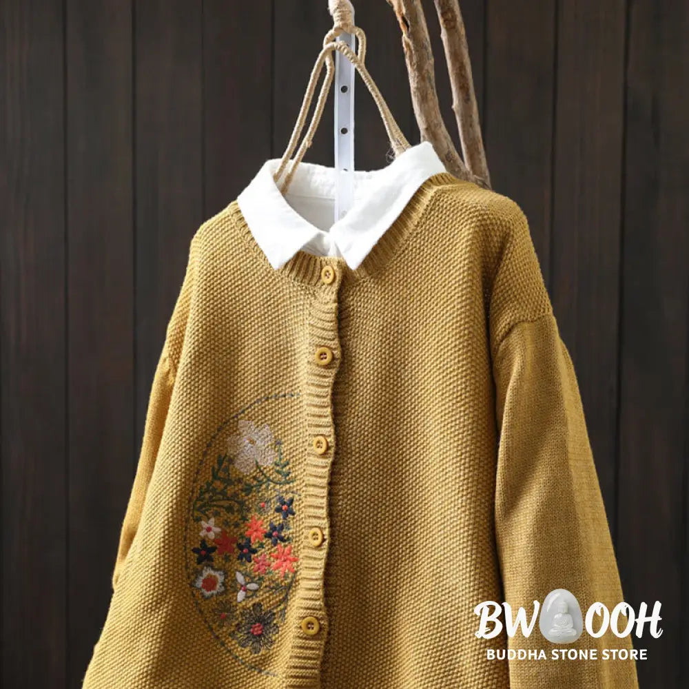 Buddha Stones Floral Embroidery Buttons Cotton Women’s Long Sleeve Knitted Cardigan Sweater - Women’s Cardigan